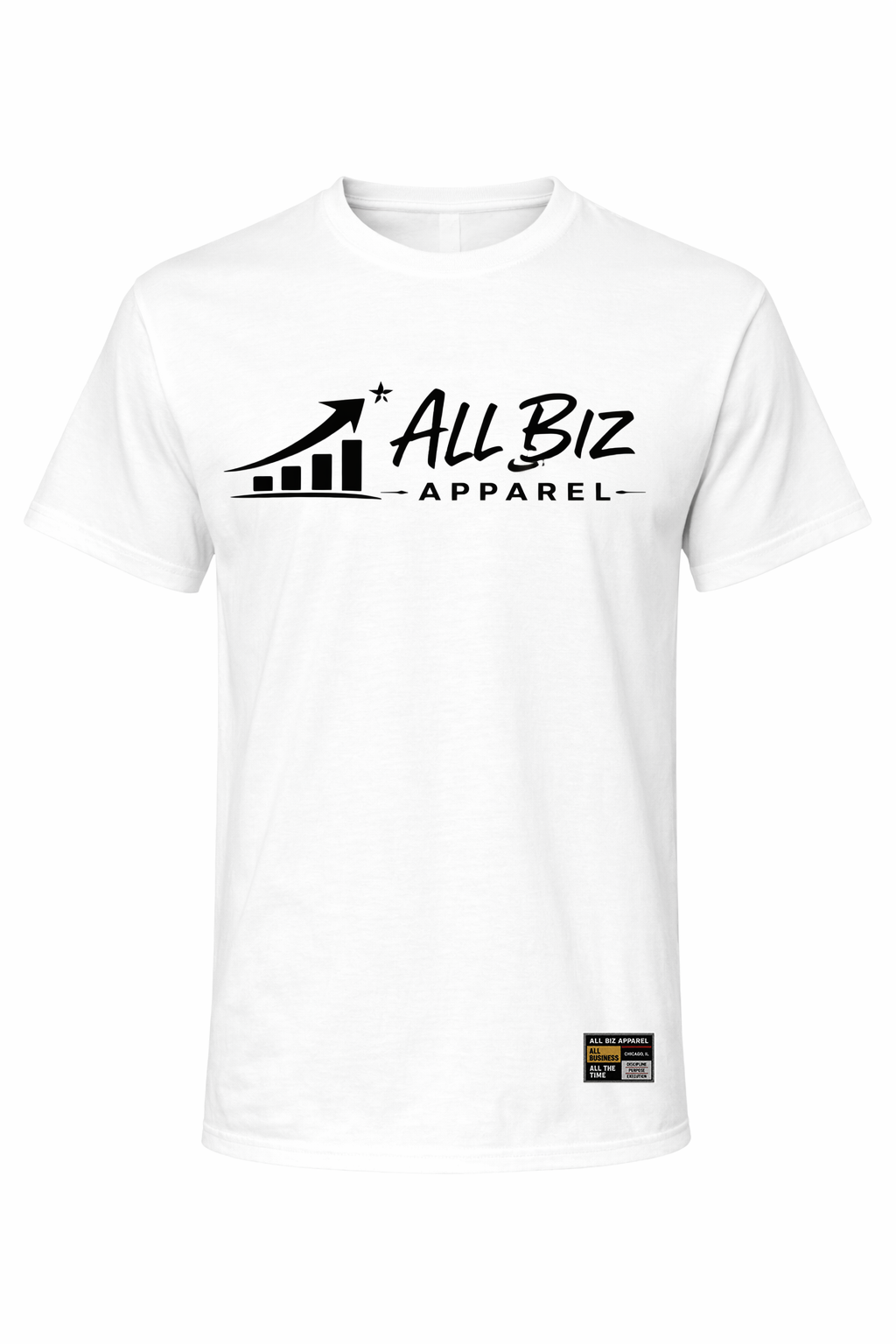 All Biz Apparel white t-shirt with the All Biz Apparel logo across the chest