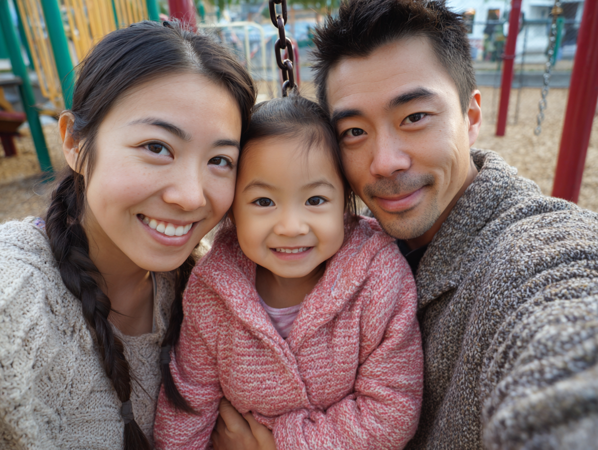 Happy family taking a selfie at a playground