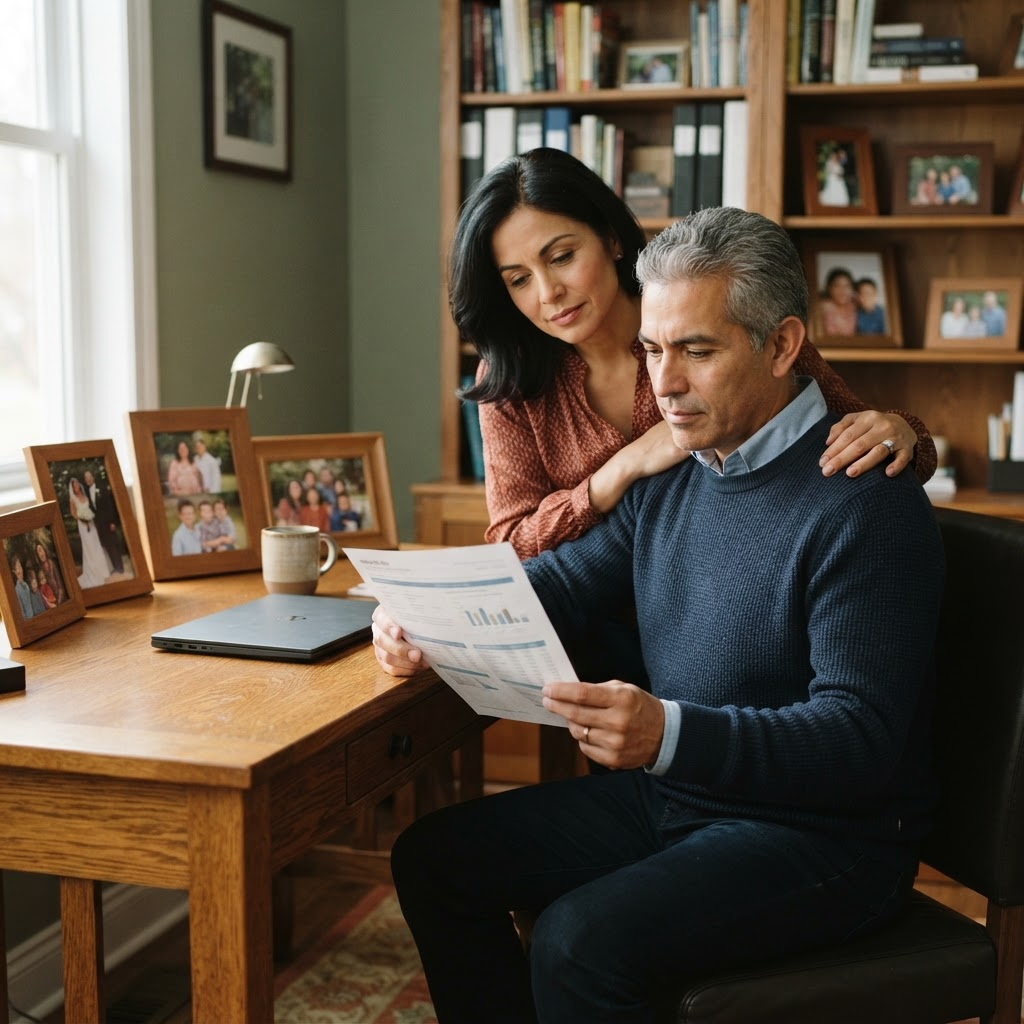 A Latino man and his wife reviewing their insurance and financial plans at his desk, surrounded by family photos